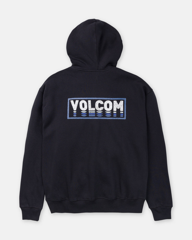 The Men’s Quadratic Pullover by Volcom is a black hoodie with a hood and long sleeves, featuring a large white VOLCOM logo outlined in blue on the back. Made from soft brushed-back fleece for comfort.