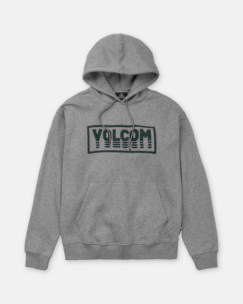 The Men’s Quadratic Pullover by Volcom is a gray hoodie with a front pocket, made from recycled fibers. VOLCOM in bold black appears in a rectangle on the chest. Brushed-back fleece provides extra comfort.
