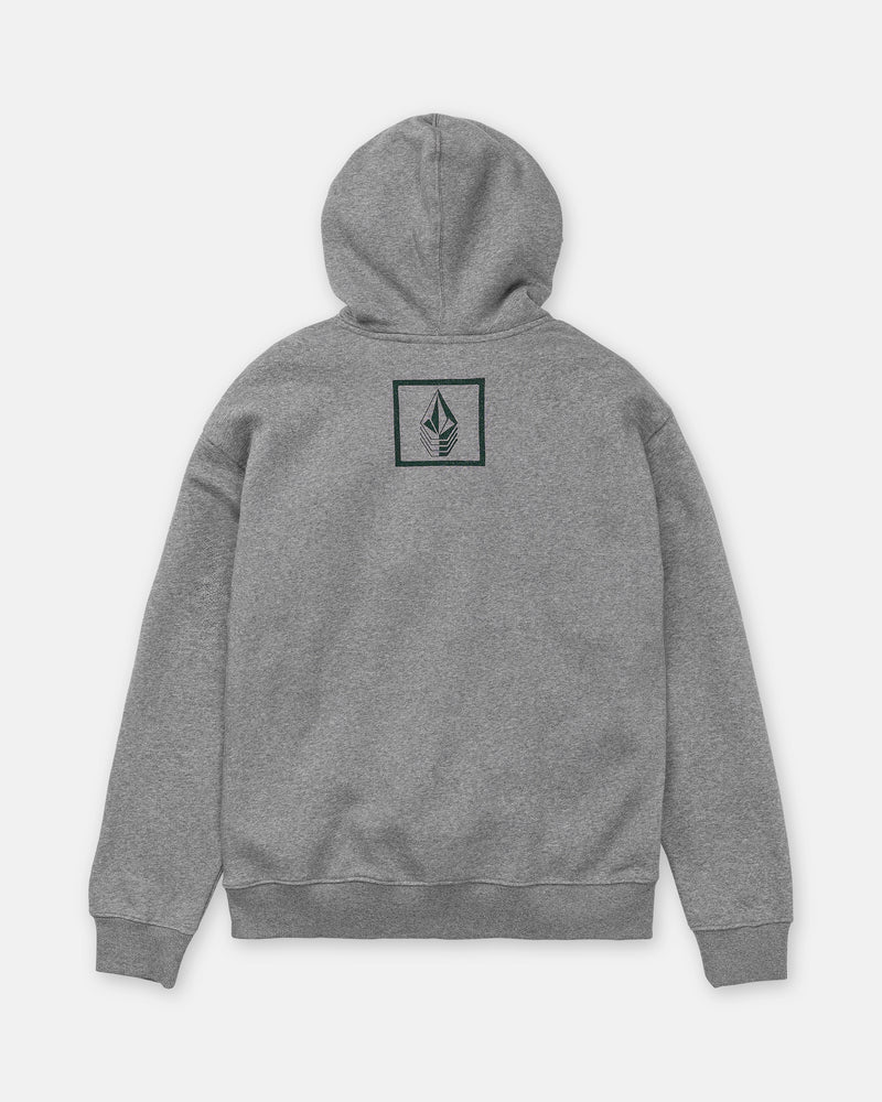 The Men’s Quadratic Pullover by Volcom is a gray brushed-back fleece hoodie made with recycled fibers, featuring a small black square emblem with a leaf and water droplet on the back.