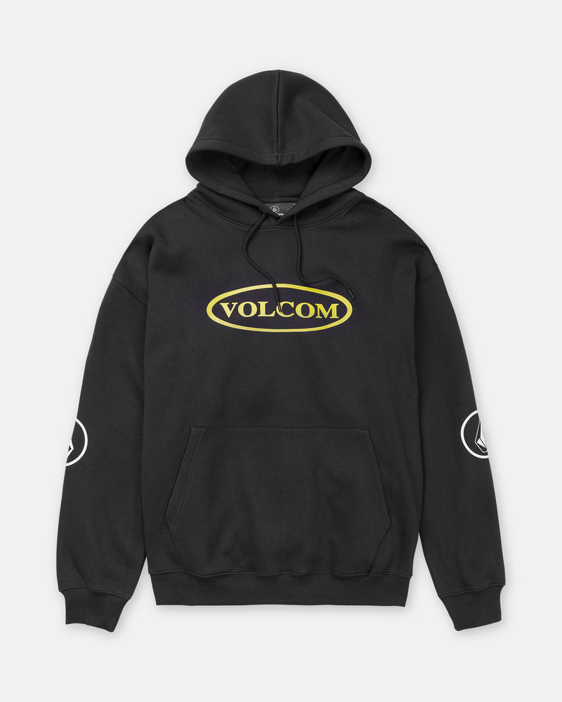 Men’s Remastered Stone Pullover, a black brushed-back fleece hoodie featuring a yellow Stone logo on the chest and white Volcom graphics on each sleeve.