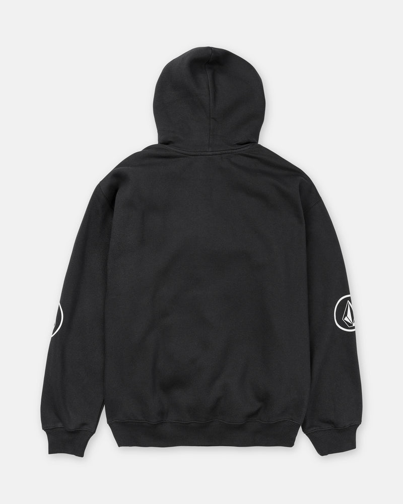 Back view of a black Men’s Remastered Stone Pullover hooded sweatshirt featuring a white stone-shaped logo on each sleeve.