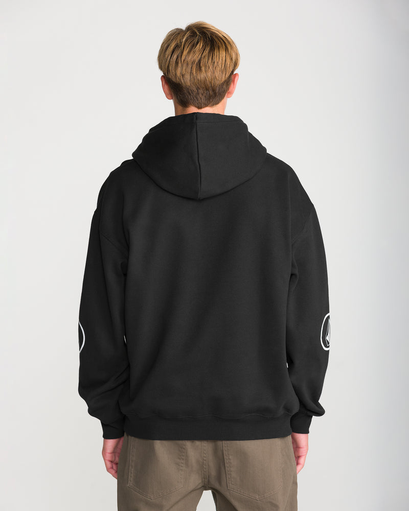 A person viewed from the back wearing a black Men’s Remastered Stone Pullover with a Volcom graphic on the sleeves.
