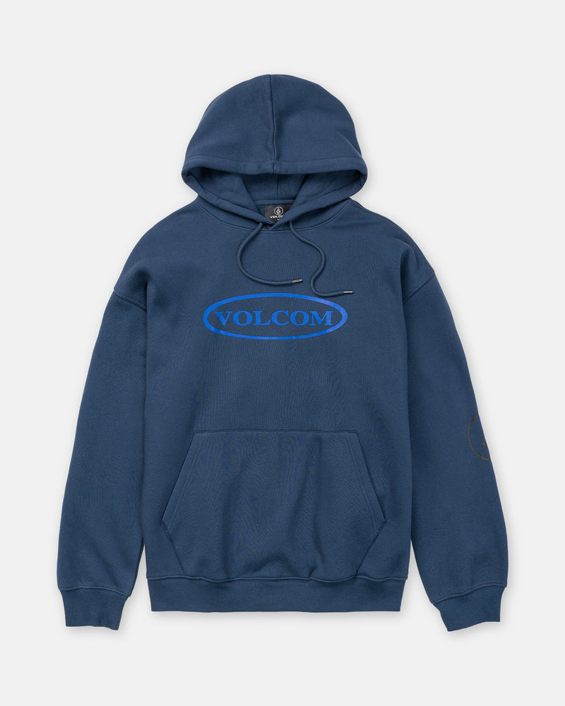 Navy blue brushed-back fleece Men’s Remastered Stone Pullover hoodie by Volcom with a blue oval logo on the chest and a front pouch pocket.