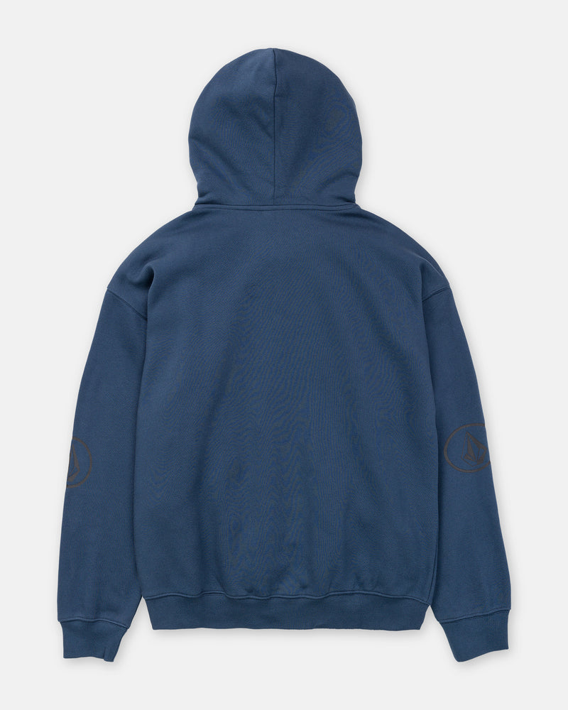 Back view of a blue brushed-back fleece Men’s Remastered Stone Pullover by Volcom, featuring a circular logo graphic on the outer side of each sleeve.