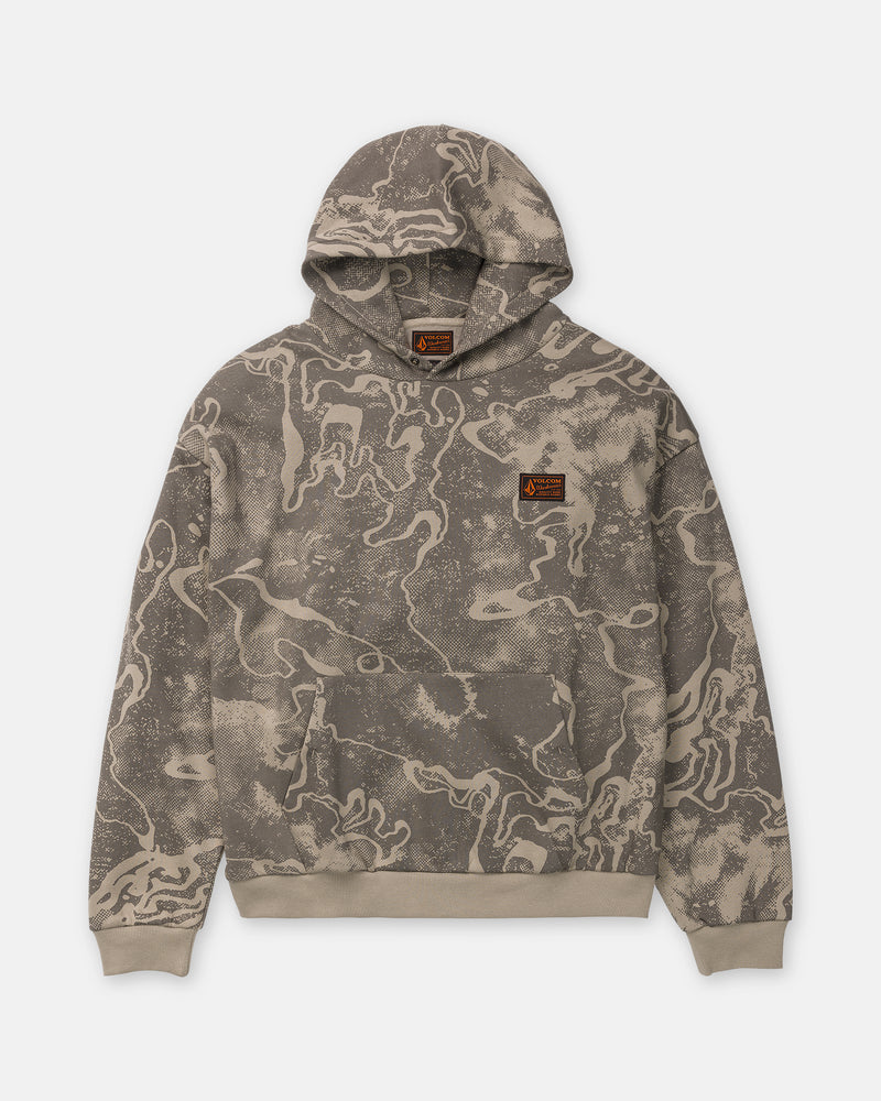 Volcom Men’s Hailstorm Workwear Pullover in a tan and grey marbled camo print, featuring a hood, kangaroo pocket, and rectangular brand patches on the chest and interior neckline.
