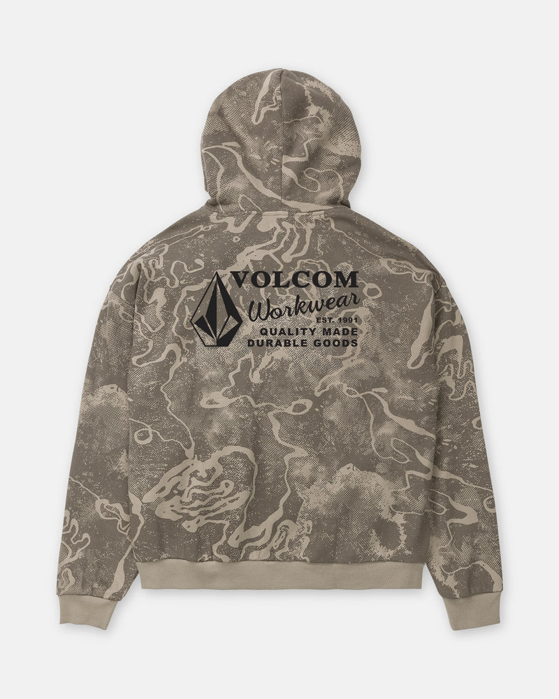 Volcom Men’s Hailstorm Workwear Pullover in tan brushed-back fleece with a swirling camo print, featuring a black logo and text on the back.