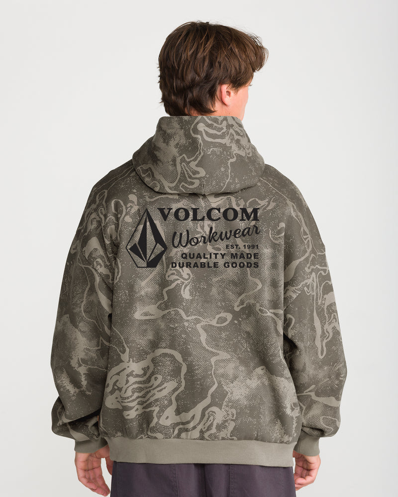 Men’s Hailstorm Workwear Pullover in olive green camo with an abstract grey pattern and a black back graphic reading Volcom Workwear, Est. 1991, Quality Made Durable Goods.