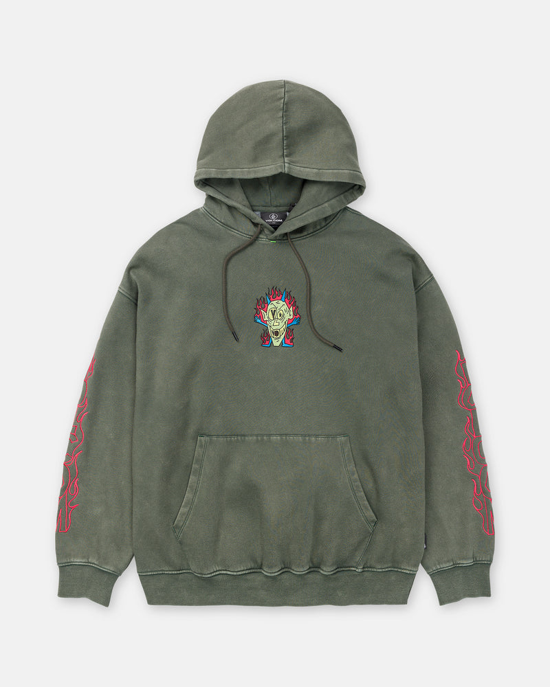 Volcom Men’s Featured Artist Casey Jones Pullover in olive green, featuring a flaming skull graphic on the chest and red flame prints on the sleeves.
