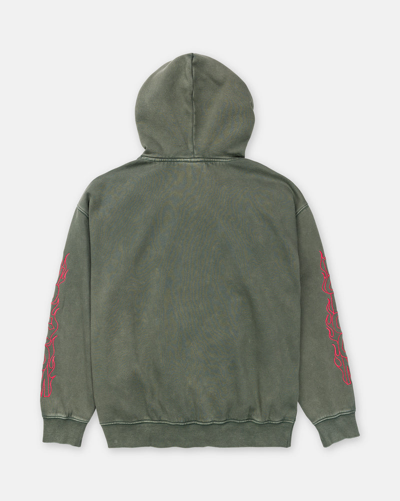 Volcom Men’s Featured Artist Casey Jones Pullover in olive green, featuring red flame graphics printed on both sleeves as viewed from the back.