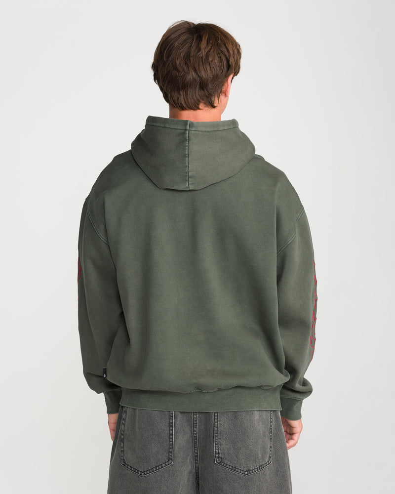 A person viewed from the back wearing an olive green Volcom Men’s Featured Artist Casey Jones Pullover hoodie with red graphic prints on the sleeves.