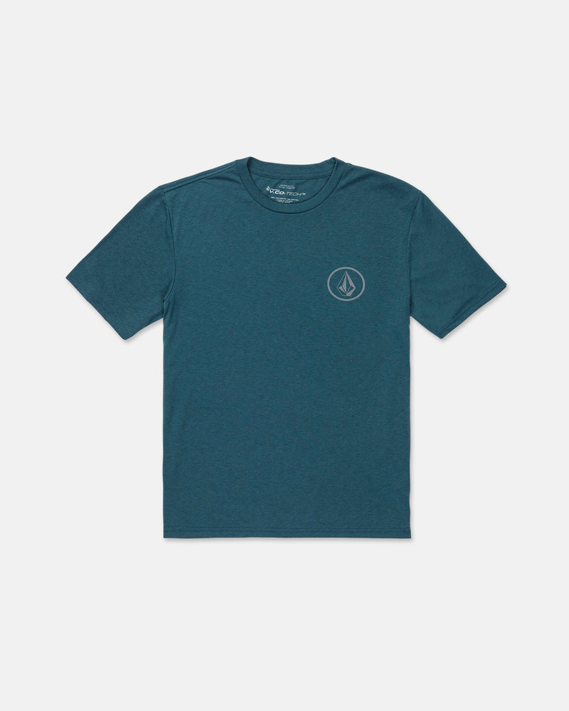 The Men's Stone Tech Short Sleeve Tee by Volcom features a modern fit and a minimalist geometric logo on the left chest. Shown here in teal, the shirt is laid flat against a plain white background.