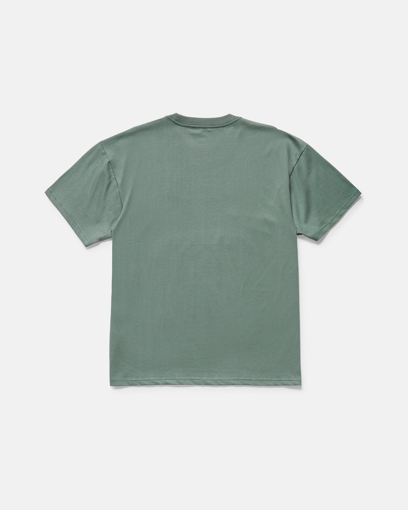 The Volcom Men's Duster Short Sleeve Tee is shown from the back, laid flat on a white background. This sage green, loose-fit tee is made from heavyweight organic cotton.