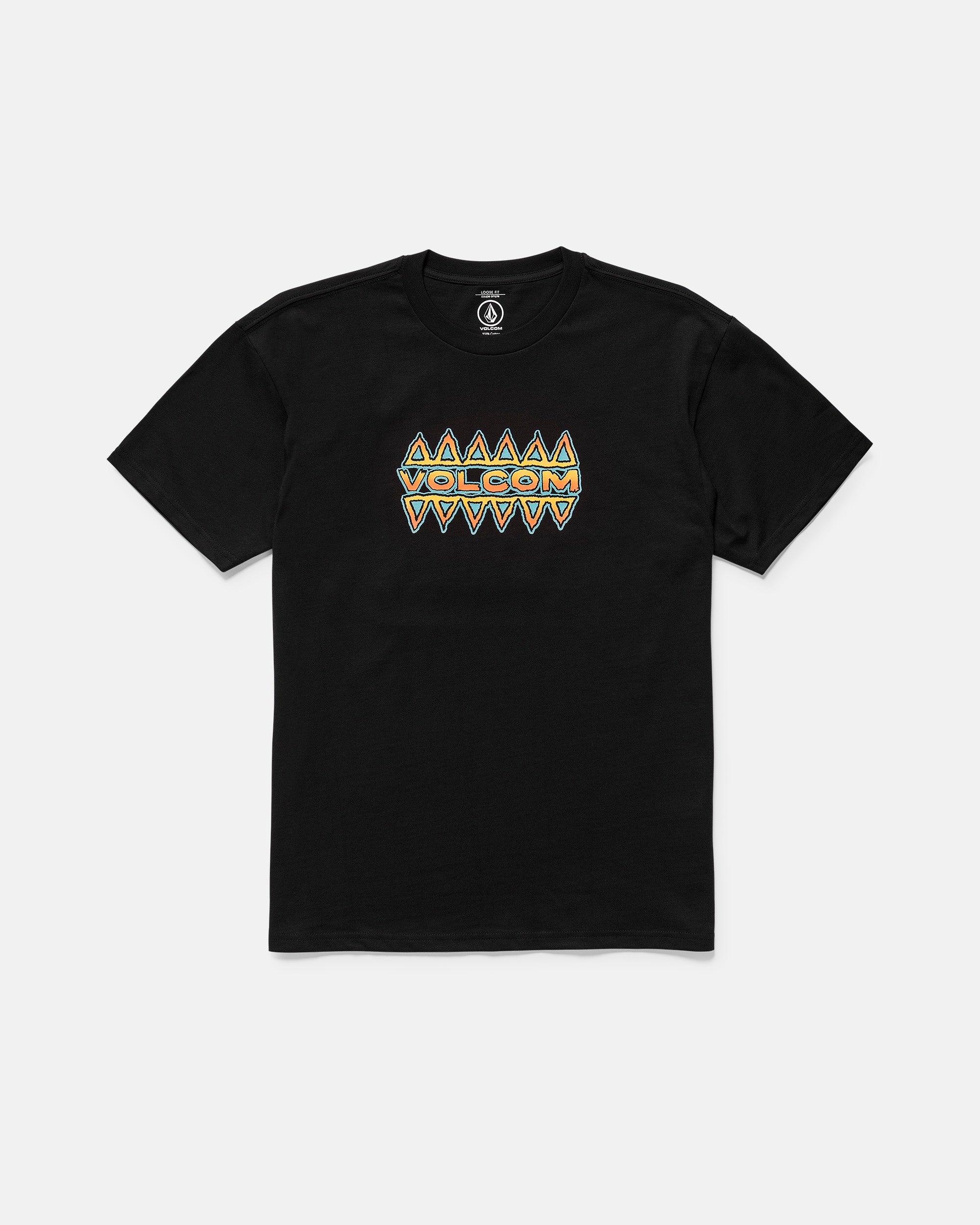 The Men’s Bodie Short Sleeve Tee by Volcom is a black, premium ringspun organic cotton shirt featuring a colorful geometric logo with yellow, red, and blue zigzag patterns at the center. Shown on a white background.