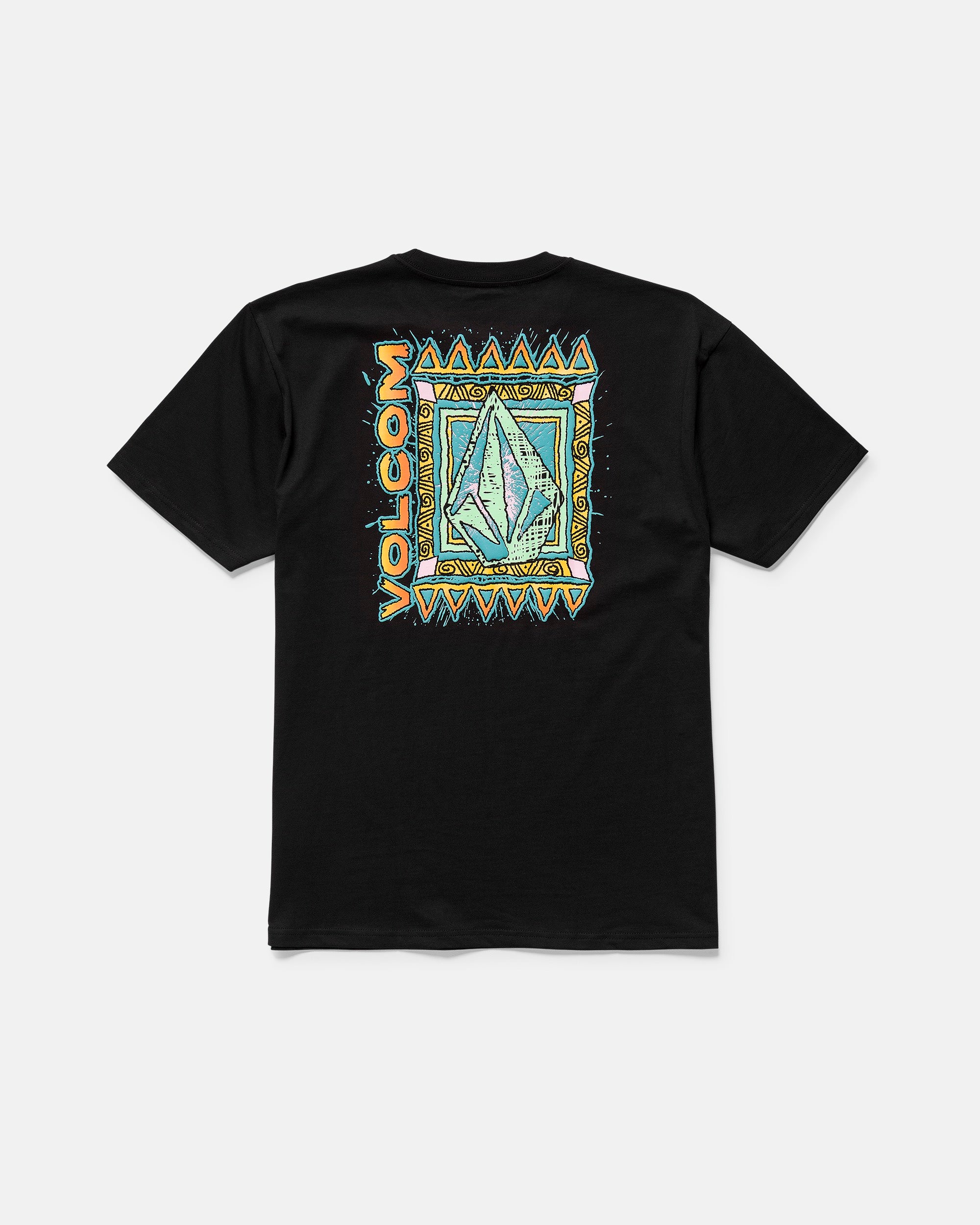 The Men’s Bodie Short Sleeve Tee by Volcom features a colorful geometric crystal design on the back with triangular borders and "VOLCOM" text on the left side, crafted from premium ringspun organic cotton for comfort.