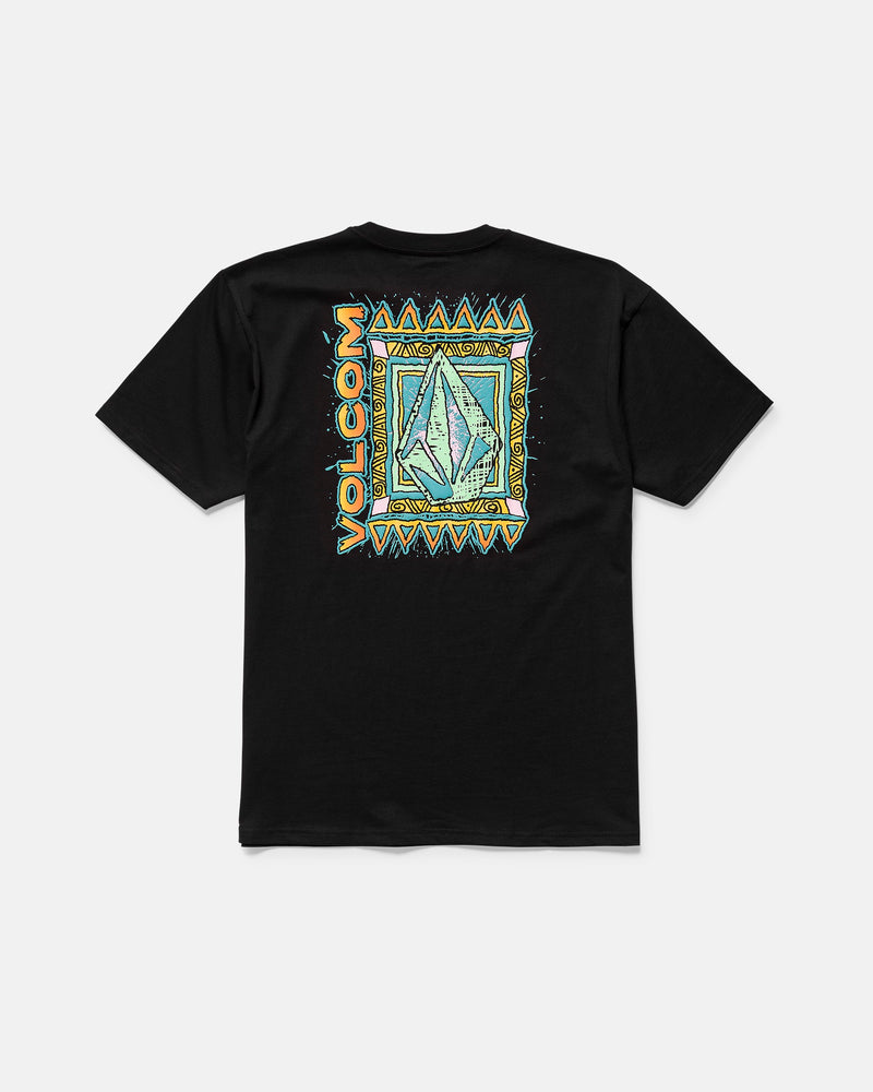 The Men’s Bodie Short Sleeve Tee by Volcom features a colorful geometric crystal design on the back with triangular borders and "VOLCOM" text on the left side, crafted from premium ringspun organic cotton for comfort.