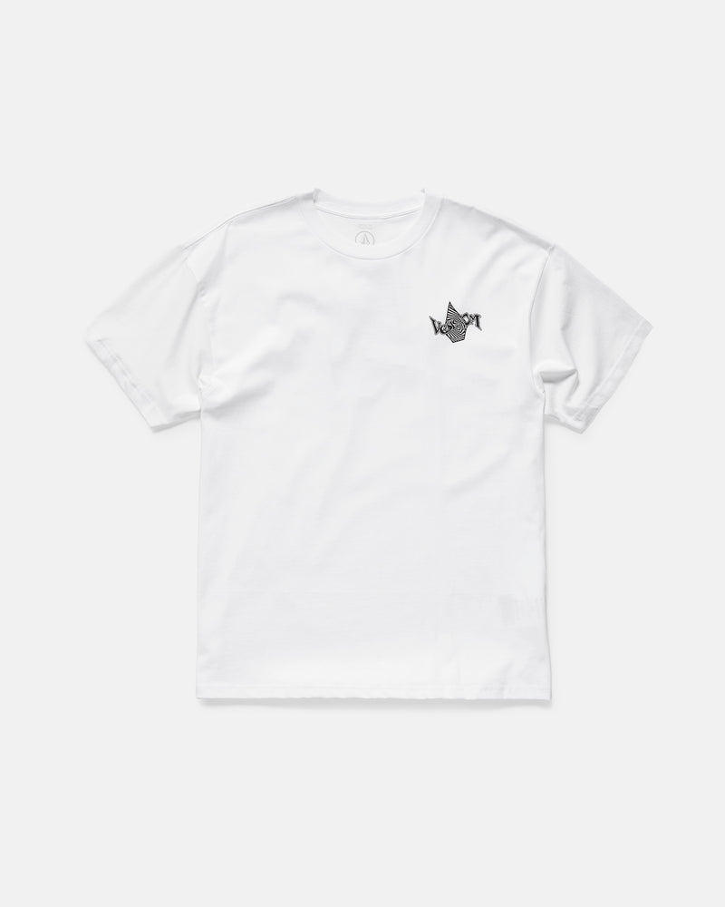 The Volcom Men's Sea Legs Short Sleeve Tee is a white organic cotton shirt featuring a small black origami crane on the left chest. This heavyweight tee is shown flat against a plain white background.