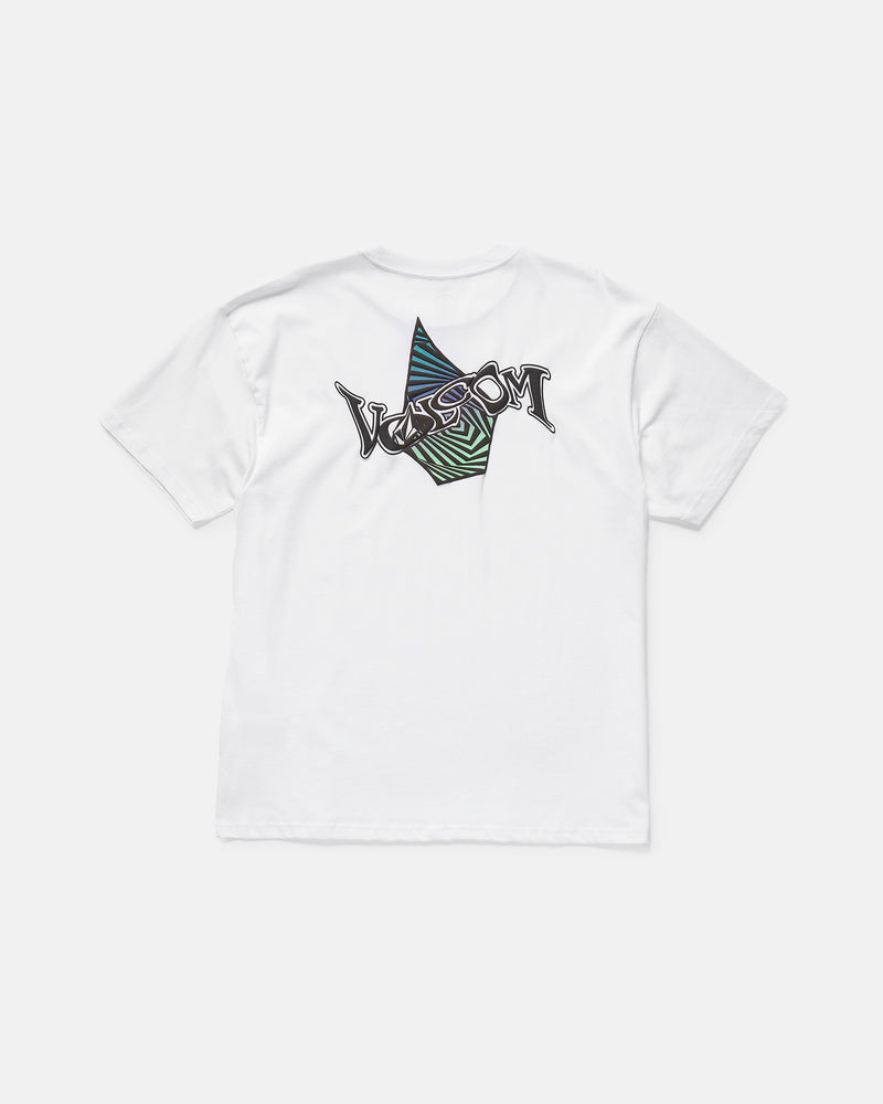 The Volcom Men's Sea Legs Short Sleeve Tee is a heavyweight organic cotton shirt with a bold green, blue, and black angular graphic and the word WAVY on the back.