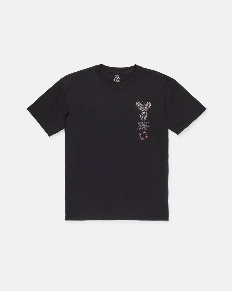 The Volcom Men's Blaster Short Sleeve Tee is a black, loose-fit t-shirt made from premium ringspun heavyweight cotton, featuring a small abstract graphic with red accents on the left chest and displayed against a white background.