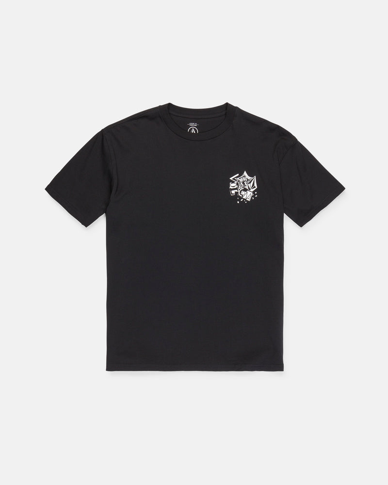 The Men's Concrete Jungle Short Sleeve Tee by Volcom is a black, heavyweight ringspun cotton t-shirt featuring a crew neck and short sleeves. It showcases an abstract white graphic with bold lines and shapes on the left chest. The tee is displayed laid flat on a white background.