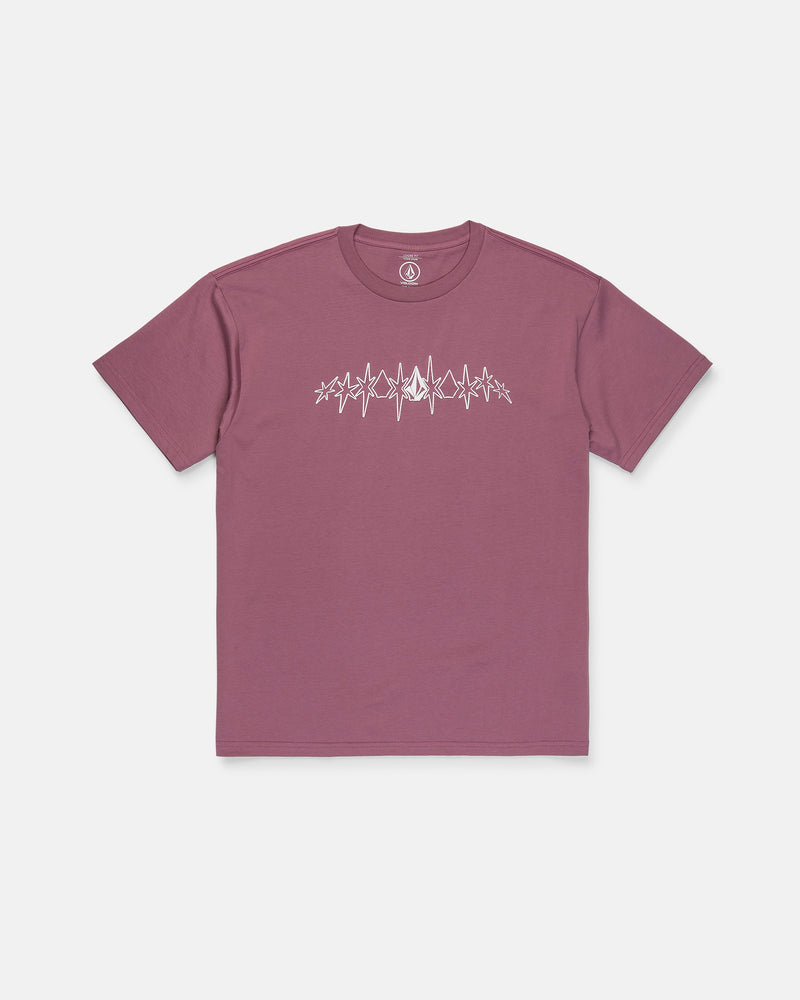 The Volcom Men's Repeater Short Sleeve Tee is a mauve heavyweight ringspun cotton t-shirt featuring a white graphic across the chest that resembles a soundwave or heartbeat line, shown on a plain white background.