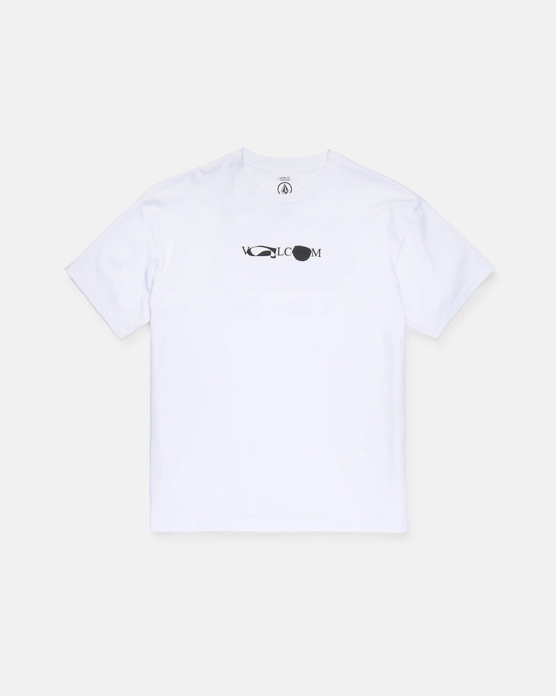 The Volcom Men's Featured Artist Head Check Short Sleeve Tee is crafted from premium ringspun cotton and showcases a black and white abstract logo with centered text on the chest. Inspired by Antonio Carrau’s distinctive style, this tee is photographed against a plain light gray background.