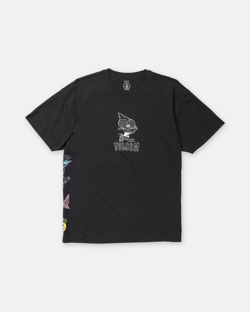 Volcom Men’s Featured Artist Casey Jones Short Sleeve Tee in black heavyweight cotton featuring a cartoon cat graphic and a vertical strip of colorful illustrated icons by Casey Jones along the bottom right.