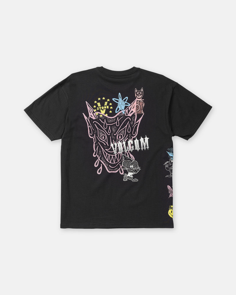 Back of a black Men’s Featured Artist Casey Jones Short Sleeve Tee, featuring a large graphic of a smiling, horned creature by illustrator Casey Jones, accented with multiple small decorative icons and text.
