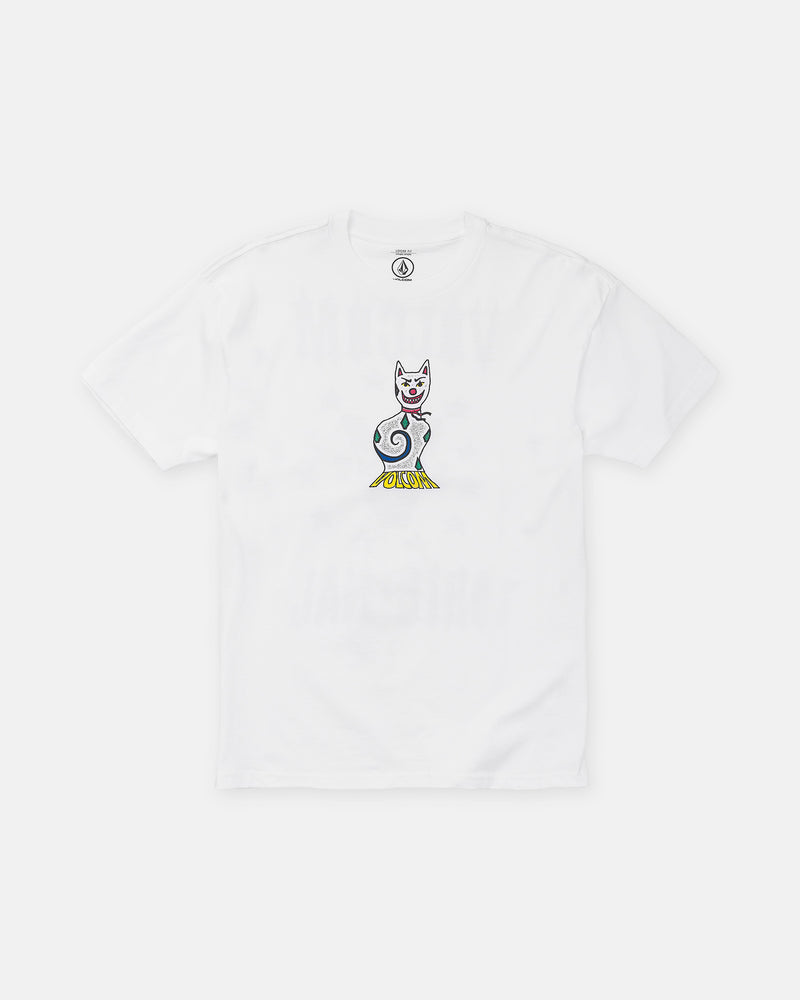 Volcom Men’s Featured Artist Casey Jones Short Sleeve Tee in white premium heavyweight cotton, featuring a stylized cat graphic by a Brooklyn illustrator above a yellow logo.