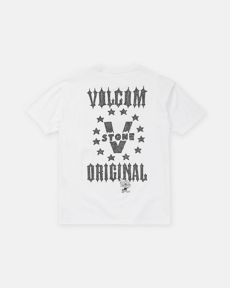 Men’s Featured Artist Casey Jones Short Sleeve Tee in white heavyweight premium cotton, featuring a back graphic by a Brooklyn illustrator with the text Volcom Stone Original, a large V, a circle of stars, and a cartoon mouse.