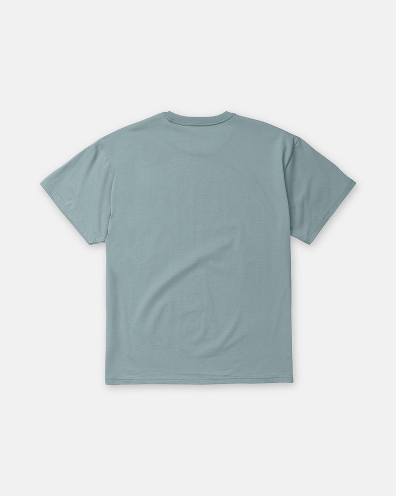 Back view of a heavyweight, muted blue-grey Volcom Men’s Hand Held Short Sleeve Tee in a loose, crew neck fit.