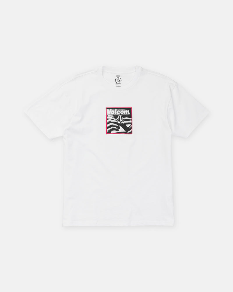 Volcom Men’s Hand Held Short Sleeve Tee in white, a heavyweight loose-fit t-shirt with a graphic on the chest featuring a framed illustration of hands holding a logo.
