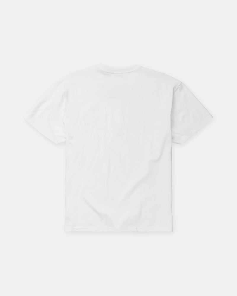 Back view of a plain white, loose fit short-sleeve crew neck heavyweight Volcom Men’s Hand Held Short Sleeve Tee.