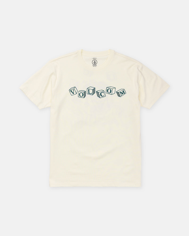 Men’s Last Laugh Short Sleeve Tee in off-white with a loose fit and a graphic of alphabet blocks spelling out Volcom across the chest.