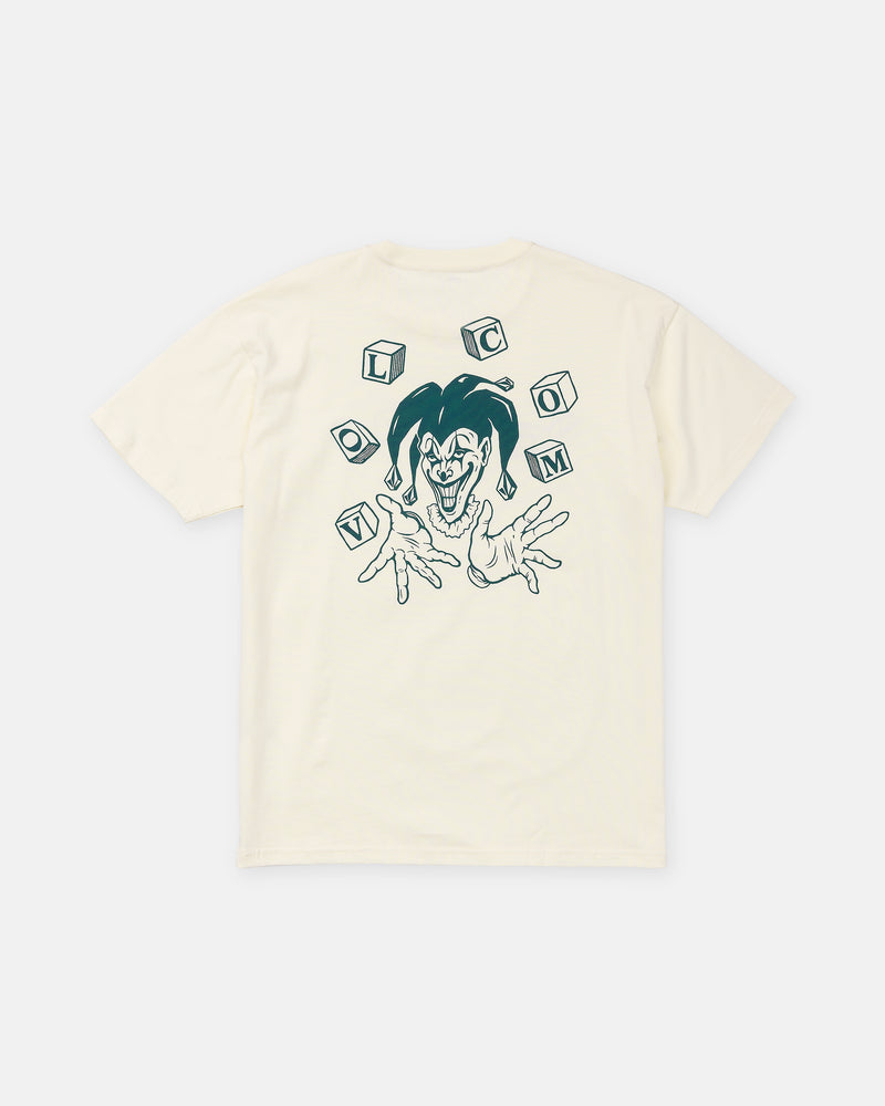 Men’s Last Laugh Short Sleeve Tee in off-white heavyweight cotton featuring a graphic on the back of a jester juggling alphabet blocks that spell VOLCOM.