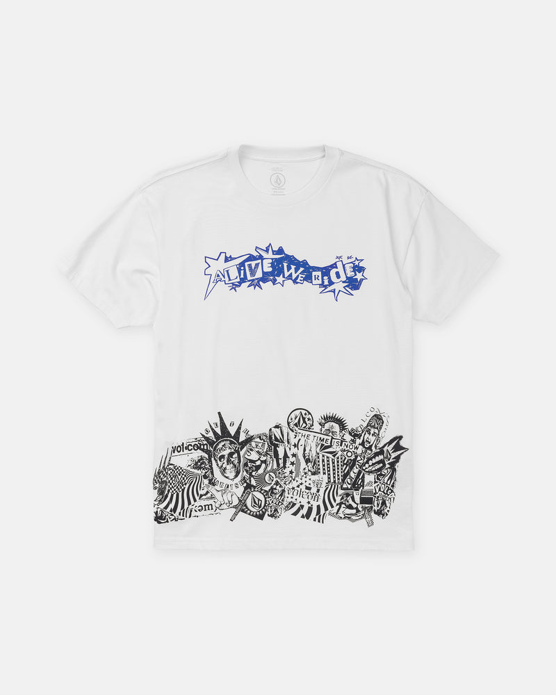 Volcom Men’s Alive We Ride Short Sleeve Tee in white, featuring a loose-fit, blue Alive We Ride text across the chest, and a black-and-white graphic collage along the bottom hem.