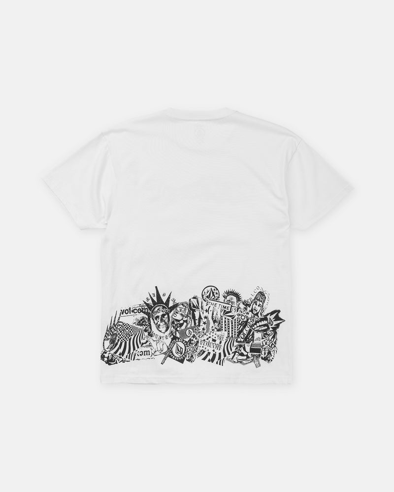 Volcom Men’s Alive We Ride Short Sleeve Tee: a loose fit white short-sleeve t-shirt with a premium screen print across the bottom featuring a collage of skulls, abstract patterns, and text.