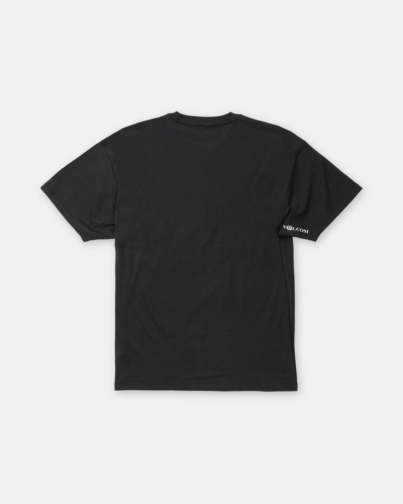 Back view of a black heavyweight cotton Men’s Tooms Short Sleeve Tee by Volcom, featuring a small logo printed on the right sleeve.