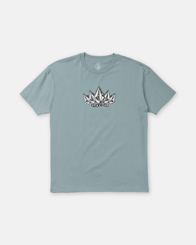 Volcom Men’s Tooms Short Sleeve Tee in dusty blue heavyweight cotton with a loose fit, featuring a graphic of three stacked geometric diamond shapes and text across the crewneck chest.