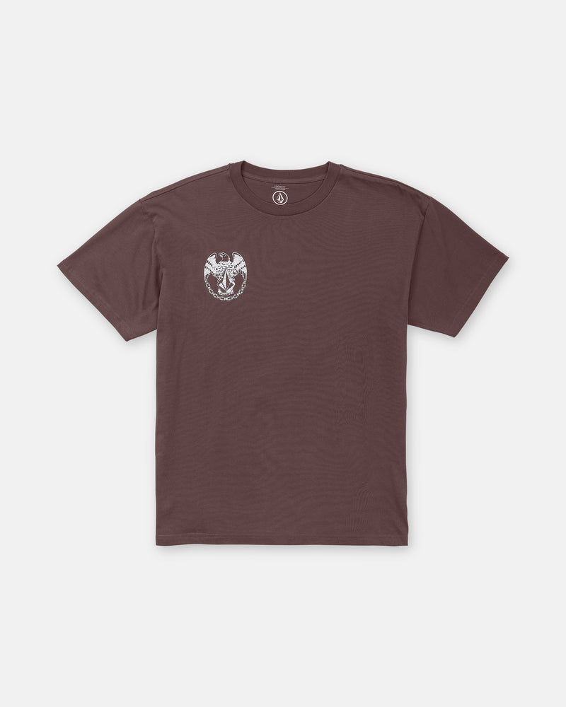 Volcom Men’s Linked Up Short Sleeve Tee in brown, a heavyweight crewneck featuring a white graphic of an eagle perched on a chain on the left chest.