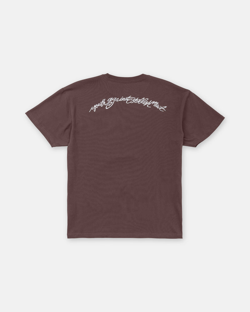 Back view of a brown heavyweight Volcom Men’s Linked Up Short Sleeve Tee featuring white cursive text reading youth against establishment printed across the shoulders.