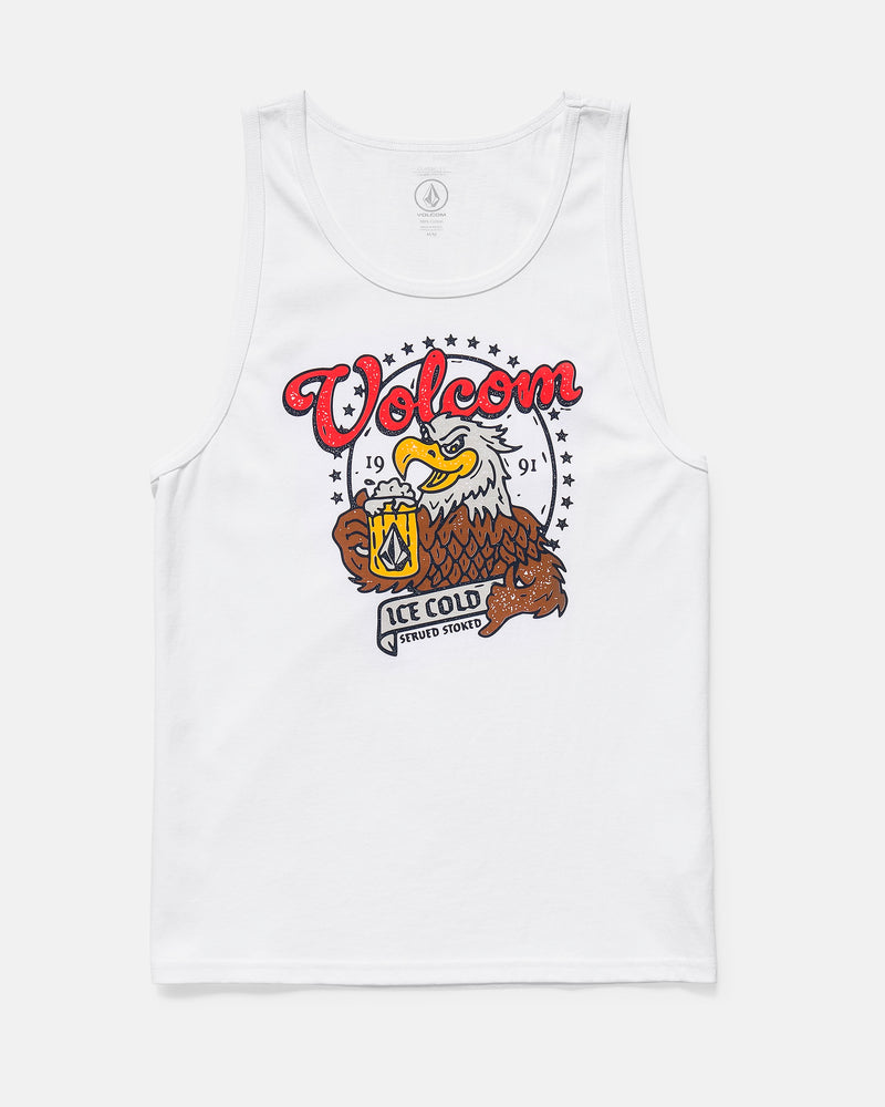 The Men's Serve Stoked Tank by Volcom is a classic fit white tank from the Froth of July collection, featuring a graphic eagle with a beer mug and "Volcom," "1991," and "Ice Cold Studio Stoke" text surrounded by stars.