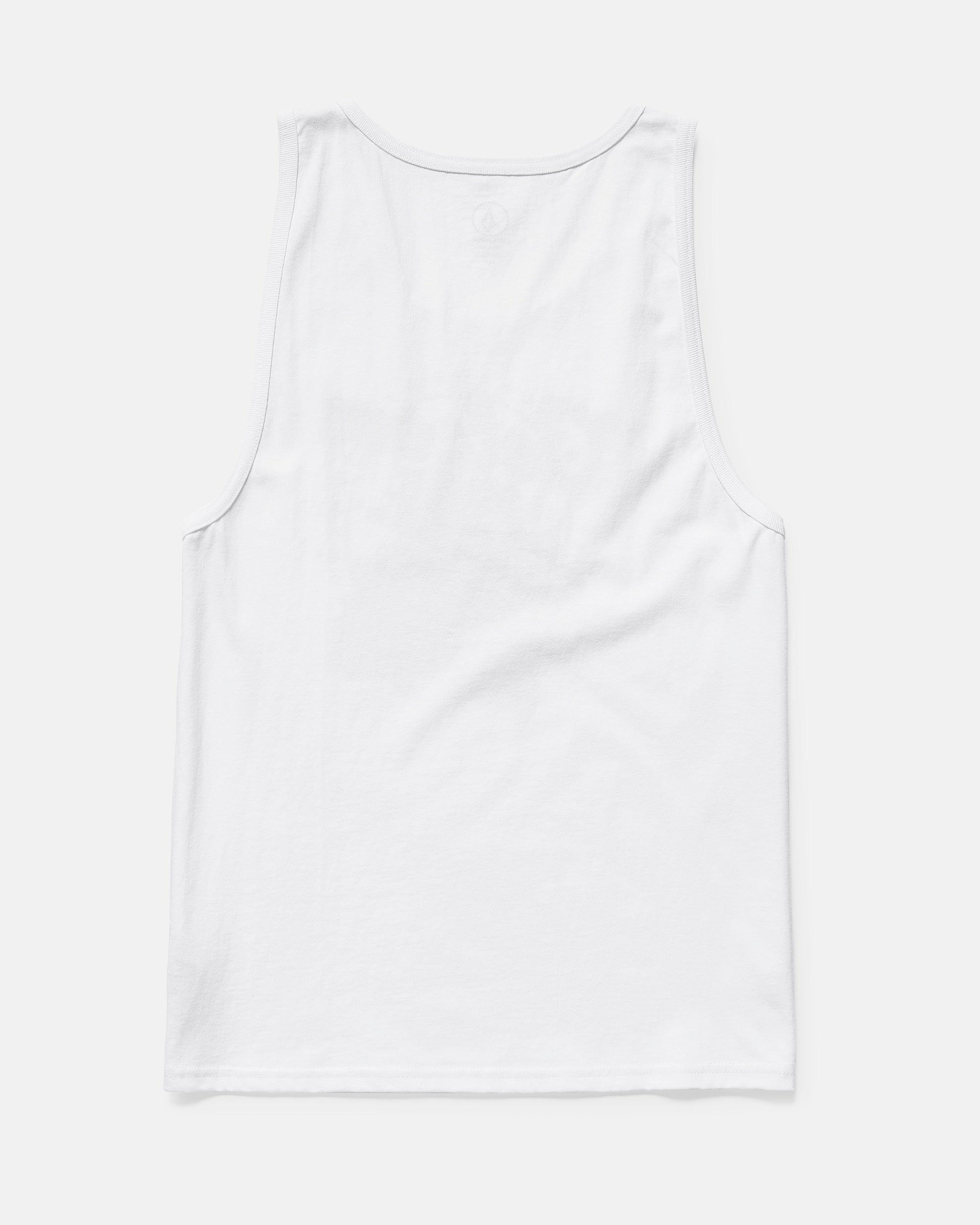 The Volcom Men's Serve Stoked Tank from the Froth of July collection is a plain white sleeveless top in a classic fit, shown from the back and laid flat on a light gray background.