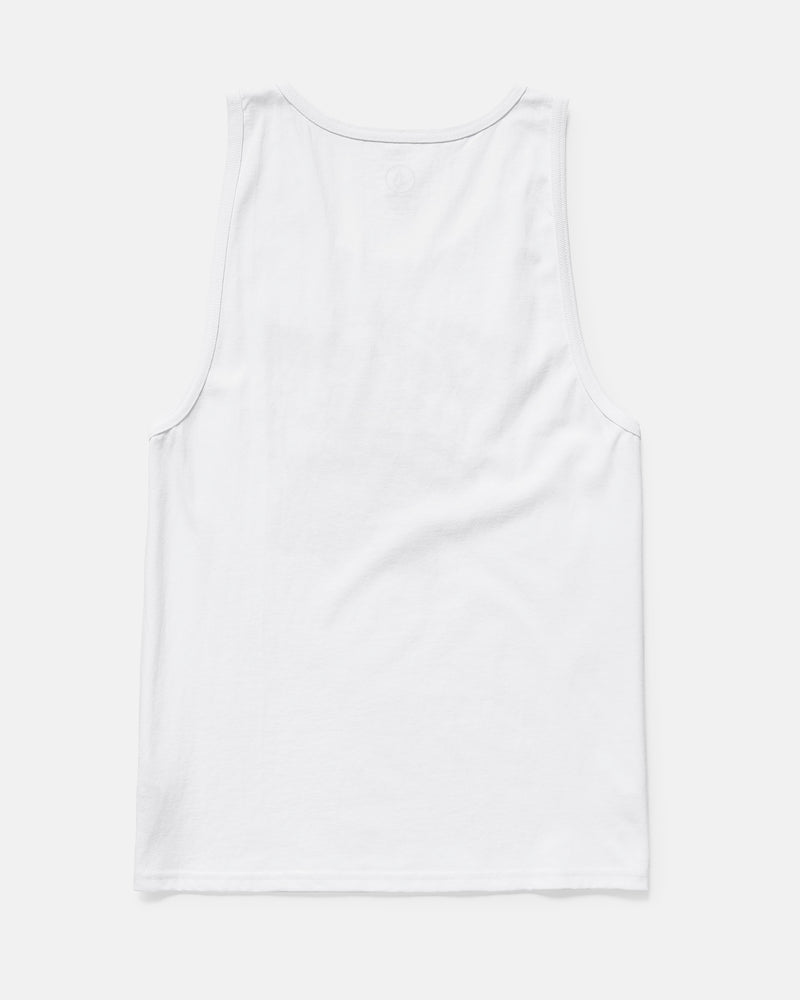 The Volcom Men's Serve Stoked Tank from the Froth of July collection is a plain white sleeveless top in a classic fit, shown from the back and laid flat on a light gray background.