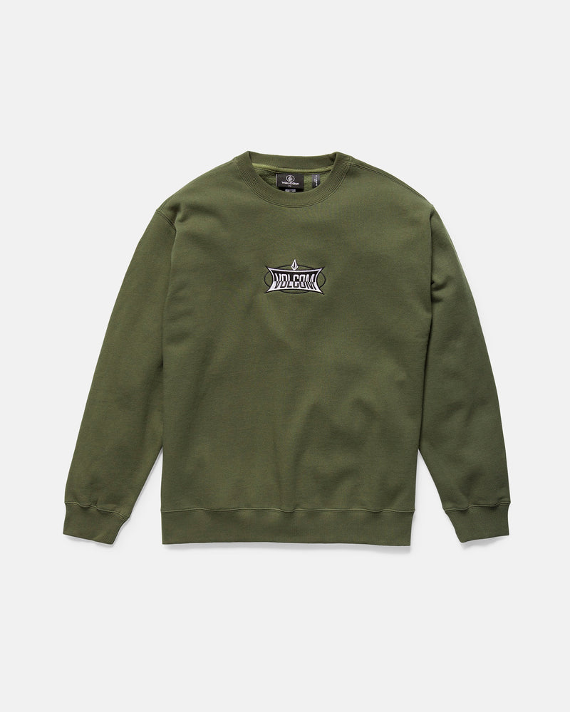 The Men's Stone Cruiser Crew by Volcom is a Squadron Green sweatshirt made from recycled polyester brushed fleece, with long sleeves and a small black and white embroidered chest logo, shown on a plain white background.