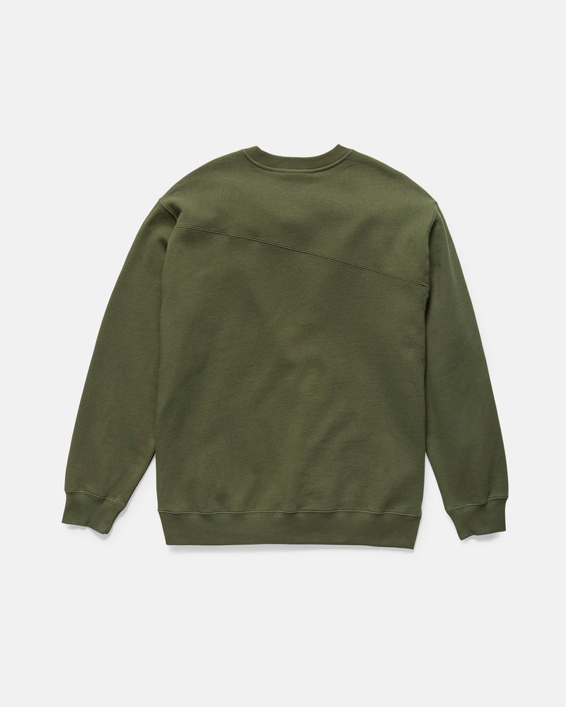 The Volcom Men's Stone Cruiser Crew in Squadron Green is shown from the back, featuring long sleeves, ribbed cuffs, a subtle diagonal seam across the upper back, and soft brushed fleece.