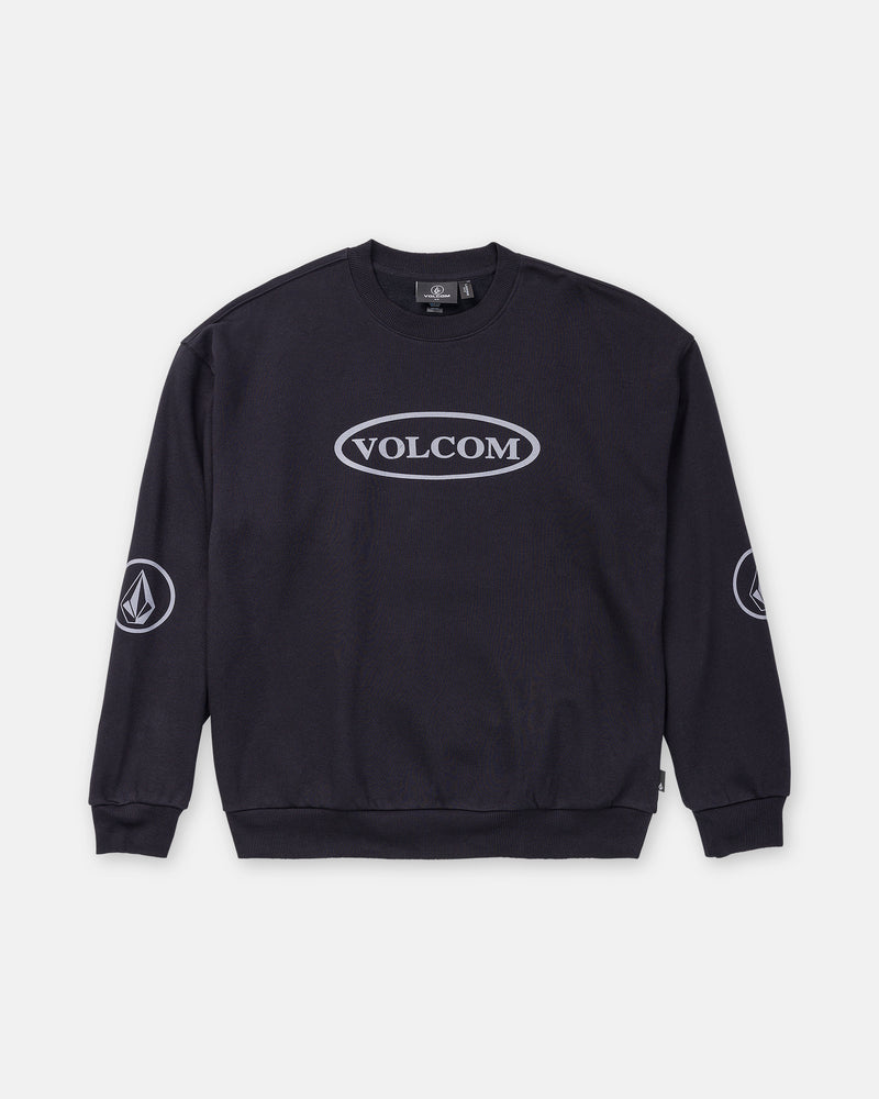 Men’s Stone Op Crew loose fit black crewneck sweatshirt with a Volcom graphic inside an oval on the chest and circular logos on each sleeve.