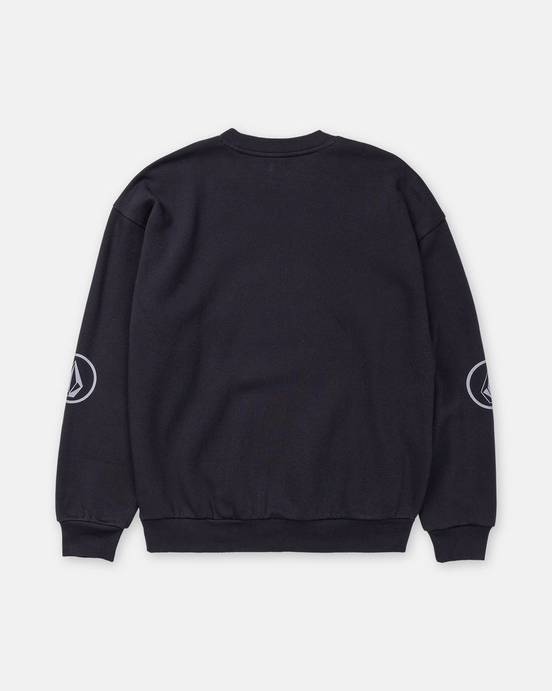 Men’s Stone Op Crew black heavyweight fleece crew-neck sweatshirt featuring a circular Volcom graphic stone logo on each sleeve.