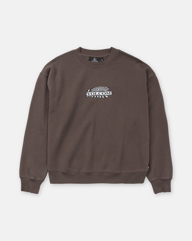 Dark brown boxy fit Men’s Stone Op Crew fleece sweatshirt featuring a central white Volcom stone-shaped logo with radiating lines.
