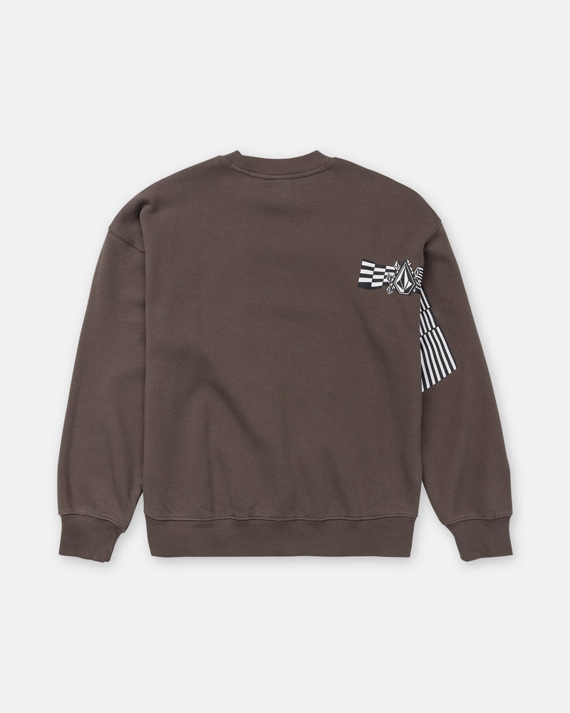 Back view of a brown, vintage wash Men’s Stone Op Crew sweatshirt featuring a black and white graphic design on the right side.