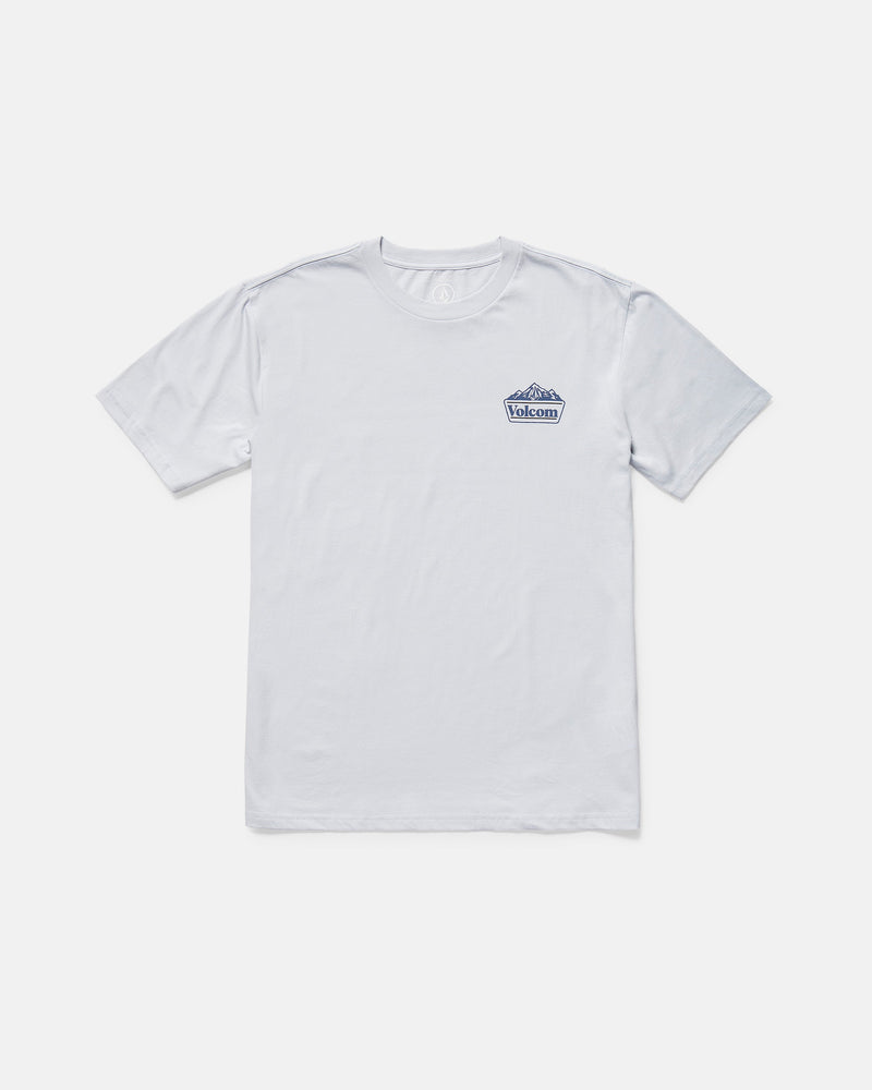 The Volcom Men's Topas Short Sleeve Tee is a classic fit white organic cotton t-shirt featuring a small blue and gray Volcom logo on the left chest, shown laid flat against a plain white background.
